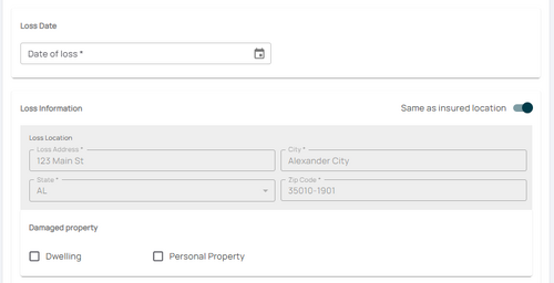 Enter the Date of Loss and confirm the loss location, including the type of property damaged.