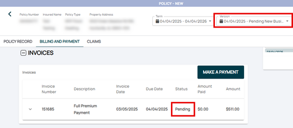 The Billing and Payment screen shows a Pending status under Invoices and a "Make Payment" button.