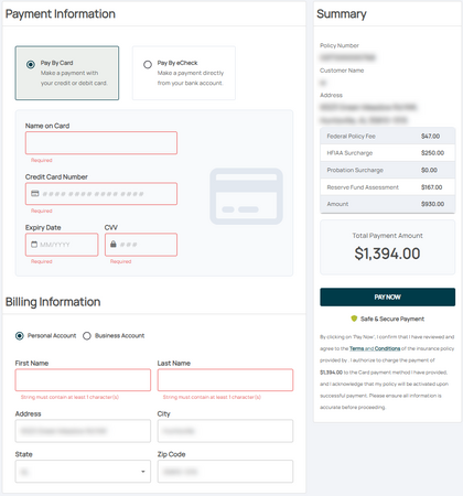 Credit card option. Required fields are outlined in red.