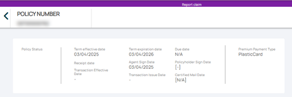 The Report Claim page will open with a summary of the policy term.