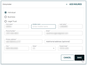 An image showing the options in the Policyholder section.