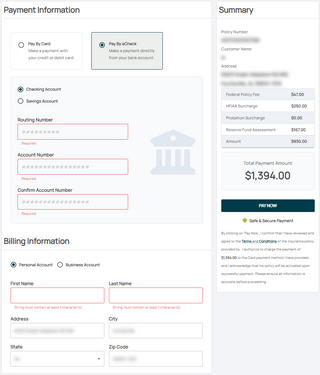 Electronic check option. Required fields are outlined in red.